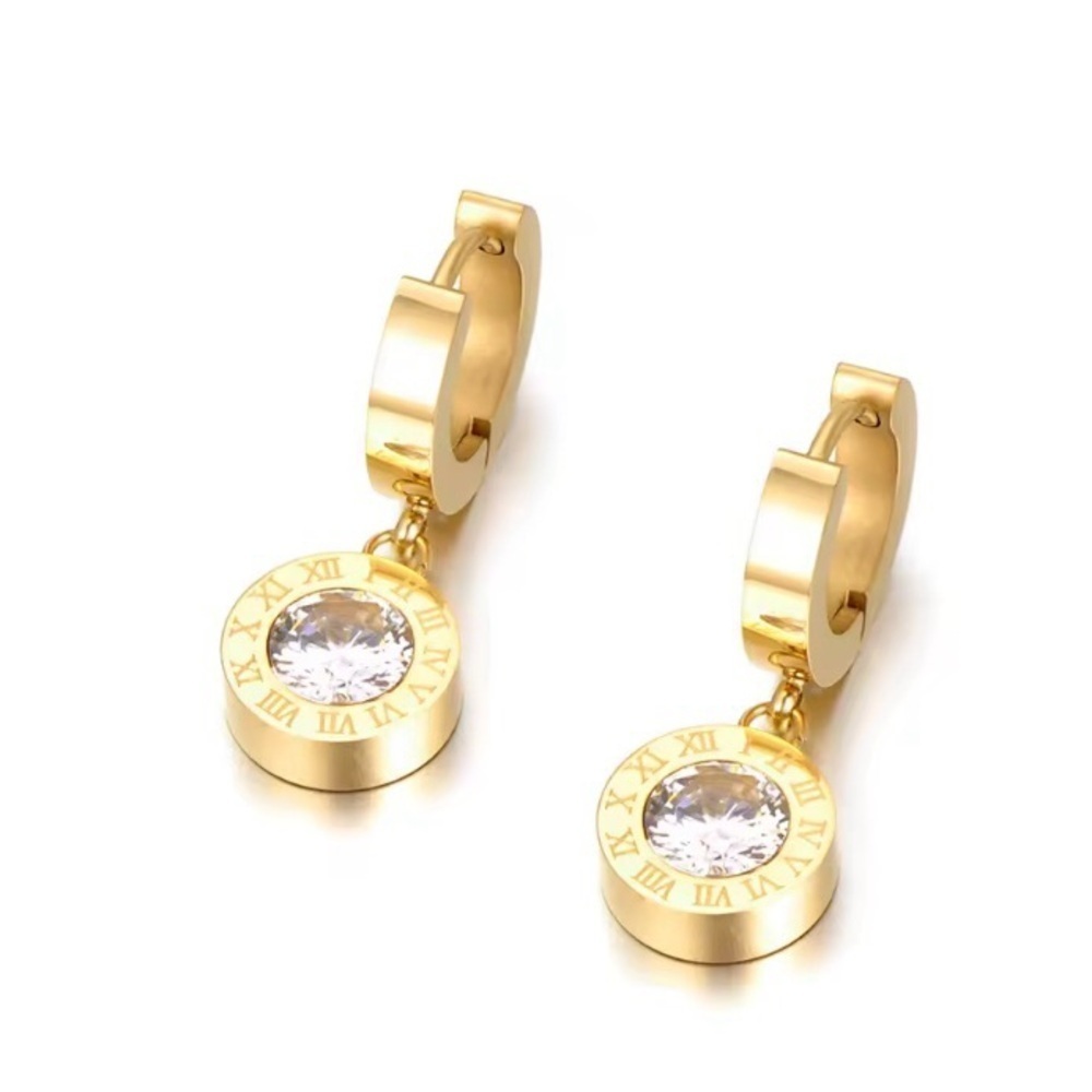 Luxurious Gold Roman Numeral Earrings Stainless Steel Alphabet Zirconia - Picture 2 of 5